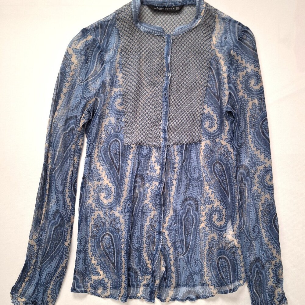 Zara Blue Paisley 100% Silk Blouse